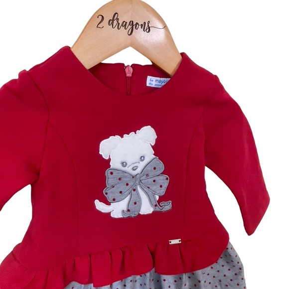 Mayoral: Red and heather gray polka dot dress, with dog Appliqué. - Picture 2 of 8